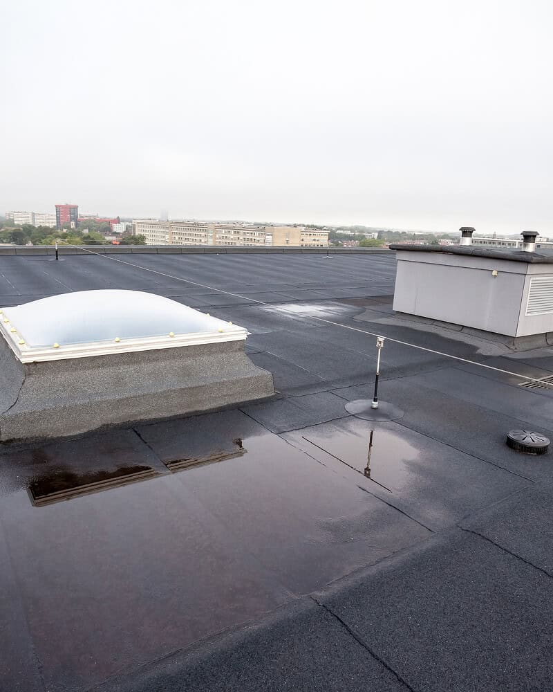 Commercial flat roof with water pooling, skylight, vent, and cityscape—signs of needed commercial roof repair and restoration.