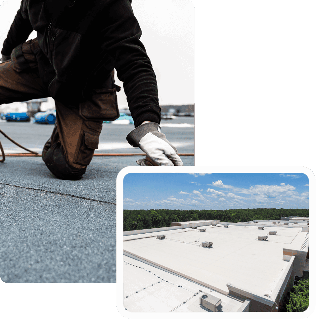 A contractor performs commercial flat roof repair and restoration on a white metal roof.