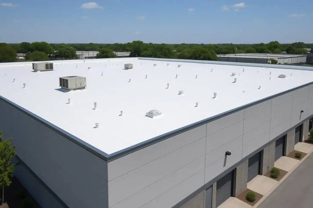 Drone view of a TPO commercial roofing system