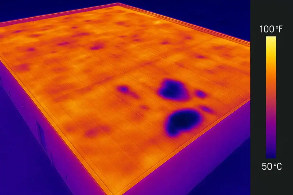 Cold spots showing moisture under the membrane in a thermal image