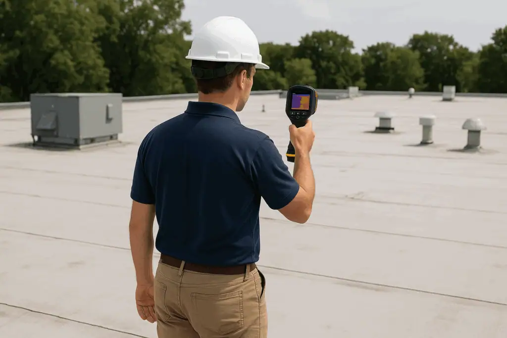 A professional roofing inspector checking a commercial roof with a thermal imaging camera