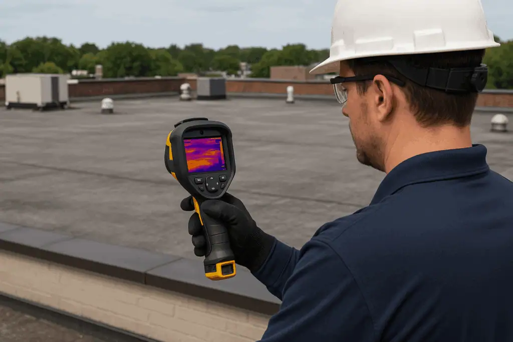 A roofing inspector looks for cold spots with a thermal imaging camera