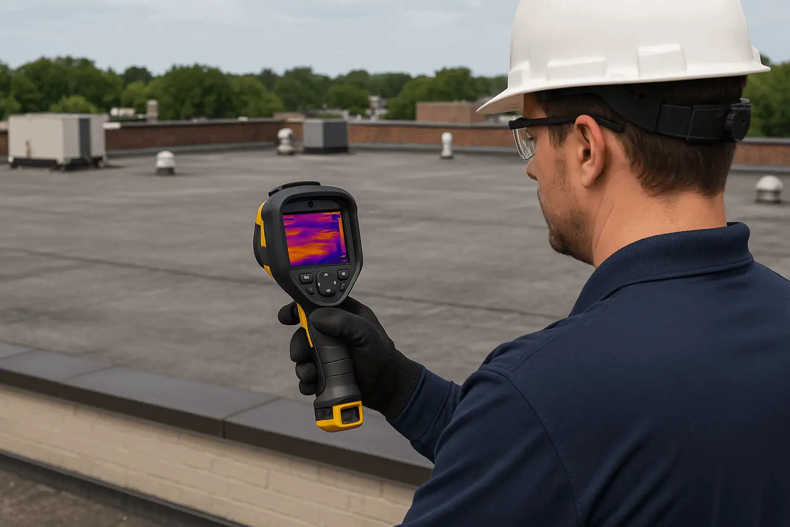 A roofing inspector looks for cold spots with a thermal imaging camera